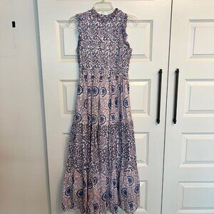 Oliphant Blue & Pink Floral Smocked Sleeveless Maxi Dress | 100% Cotton Size M